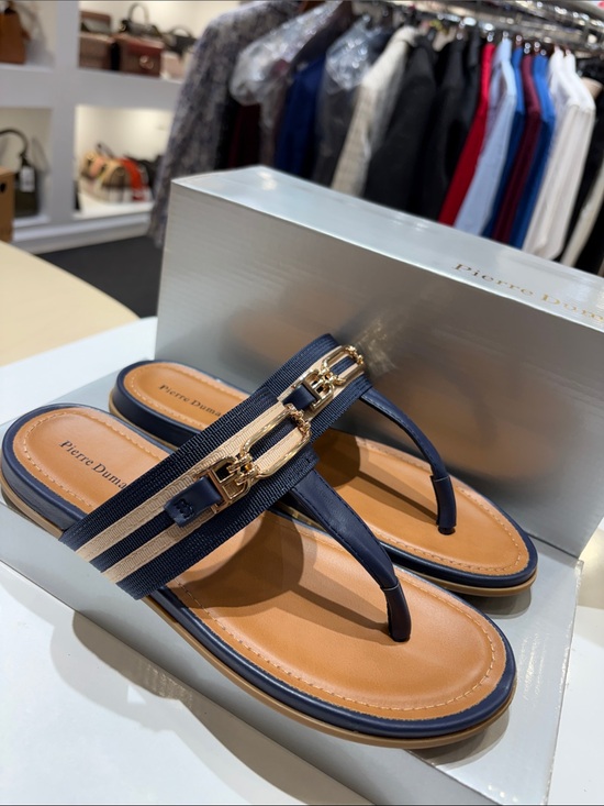 Pierre Dumas Shoes - Pierre Dumas Navy and Tan Thong Sandals with Gold Chain Detail